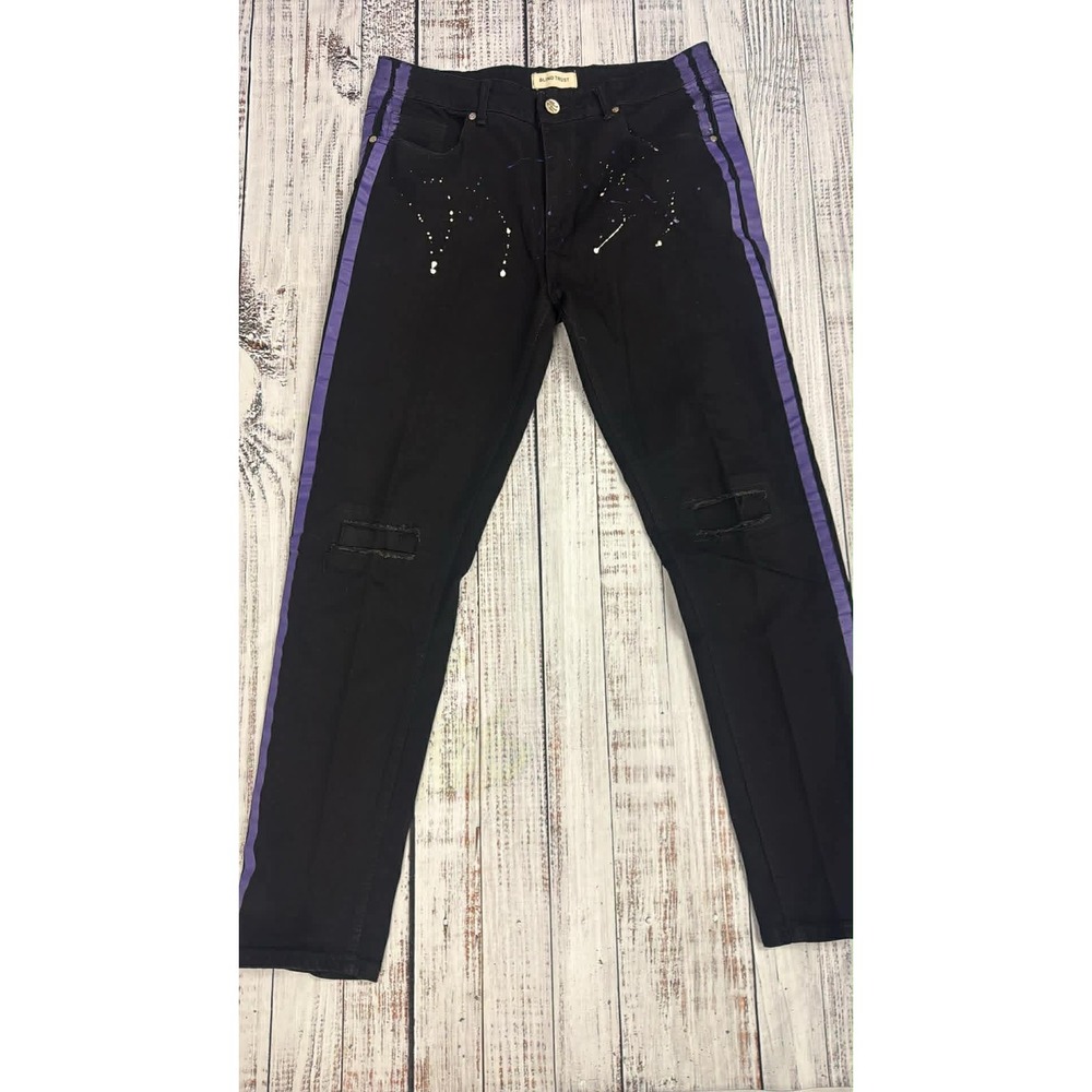 Blind Trust Mens Black Skinny Jeans Purple Side Stripe Paint Splatter Distressed